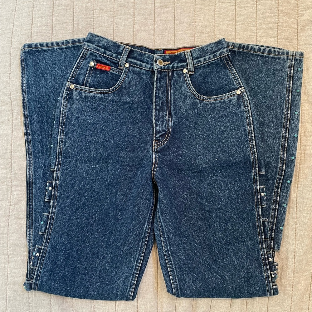 RARE Vintage Lawman jeans, turquoise embellishments and cut outs. 24 waist